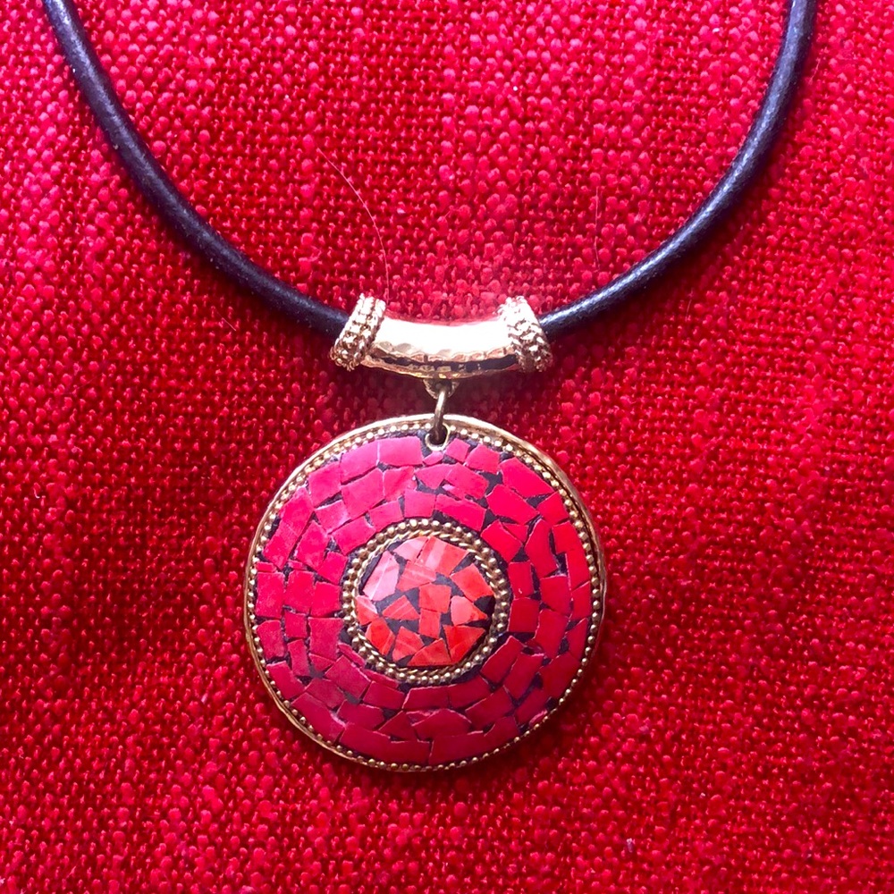 Chico’s Red Medallion Necklace on Black Leather Rope